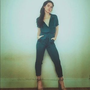 Vintage style green silky romper size SMALL